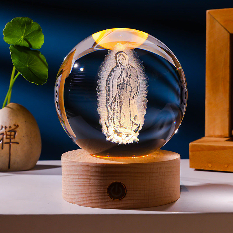 Luminous Crystal Ball HD Carved Solid Wood Base Temple Binding Home Decoration