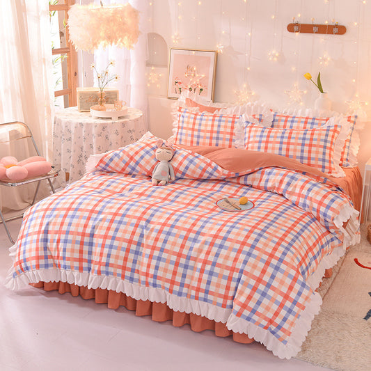 Princess Style Brushed Four-Piece Polka Dot Bed Sheet Duvet Cover