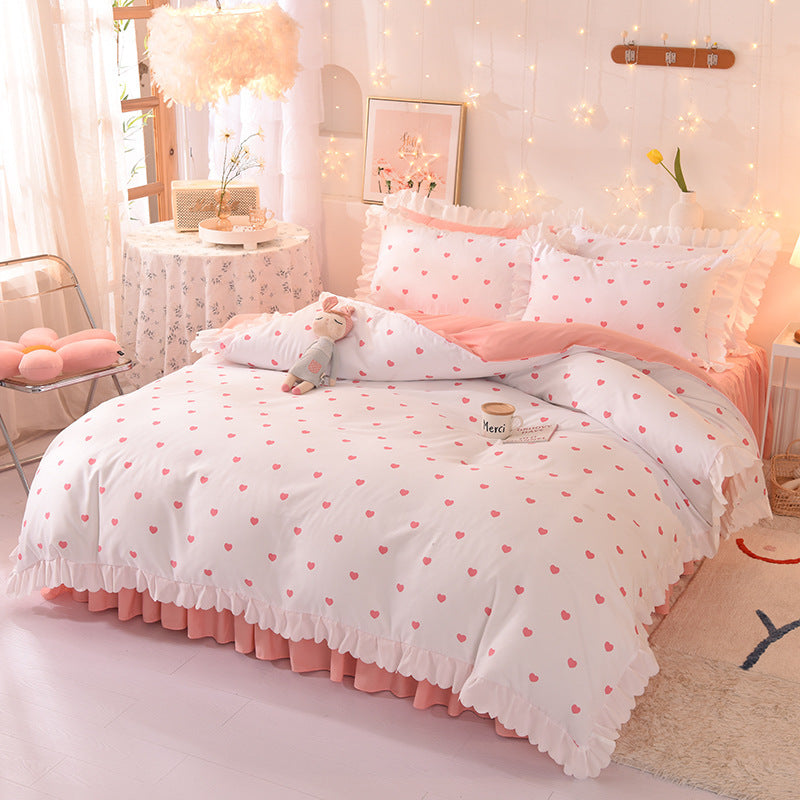 Princess Style Brushed Four-Piece Polka Dot Bed Sheet Duvet Cover