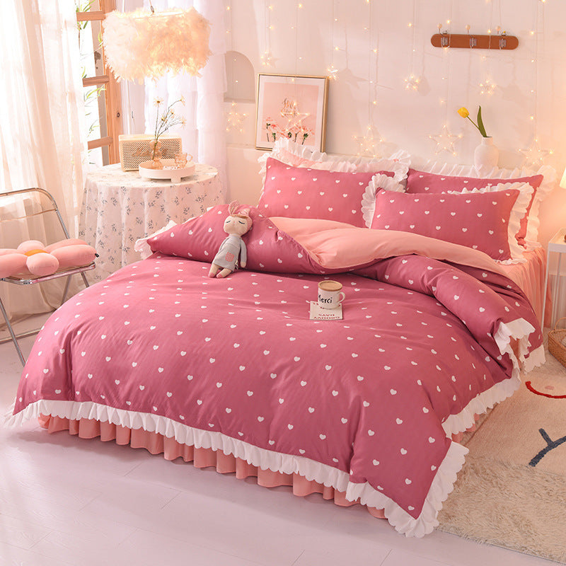 Princess Style Brushed Four-Piece Polka Dot Bed Sheet Duvet Cover