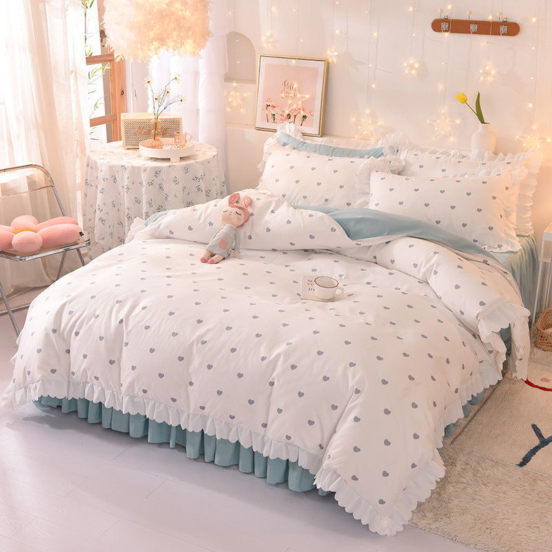 Princess Style Brushed Four-Piece Polka Dot Bed Sheet Duvet Cover