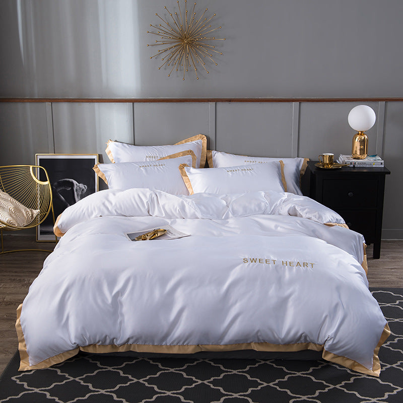 Washed Silk bed Sheet, Light Luxury Embroidered Bedding