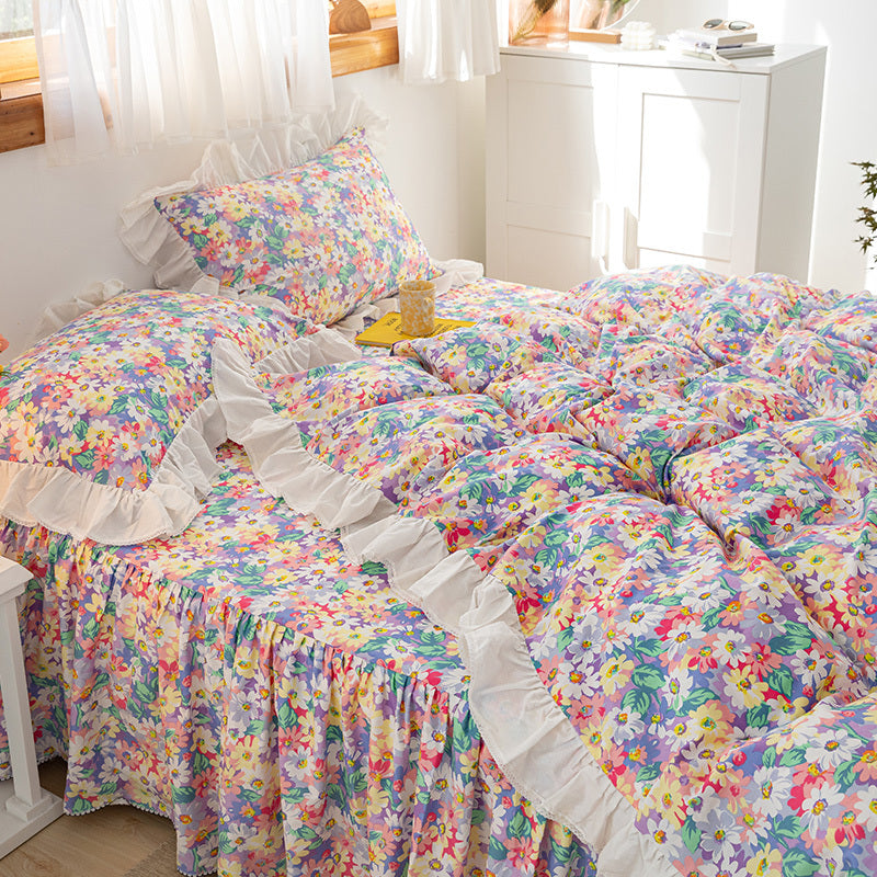 Small Floral Korean Version Bed Skirt Set Of Four Pieces