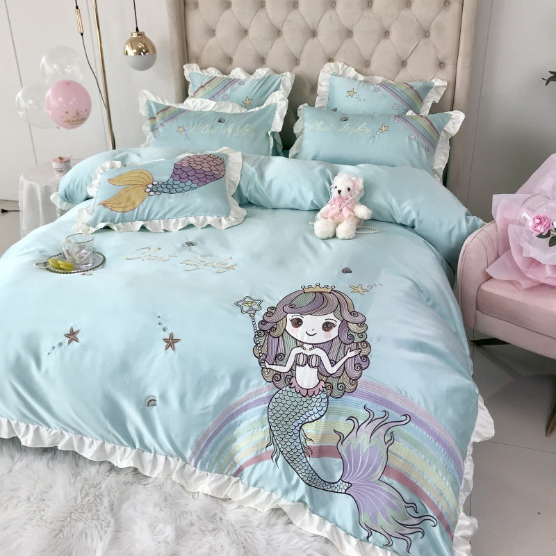 Mermaid Cotton Four-piece Naked Sleeping Embroidery Single Bedding