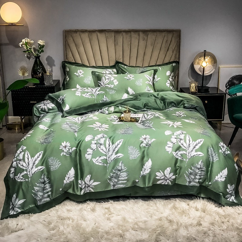 Double Sided Silk Printed Bed Set Of Four Pieces With Ice Silk