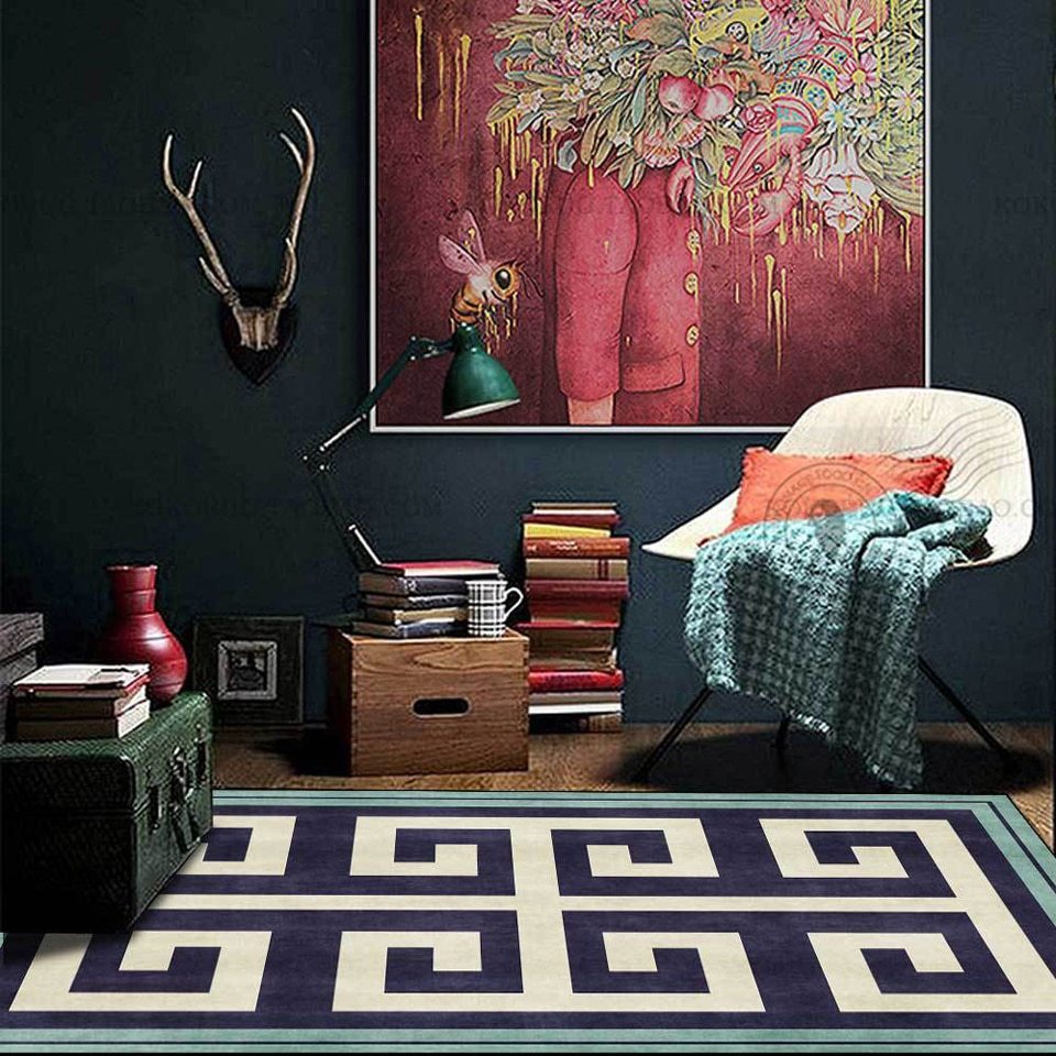 Chinese Style Dark Blue Green Edge Living Room Bedroom Carpet