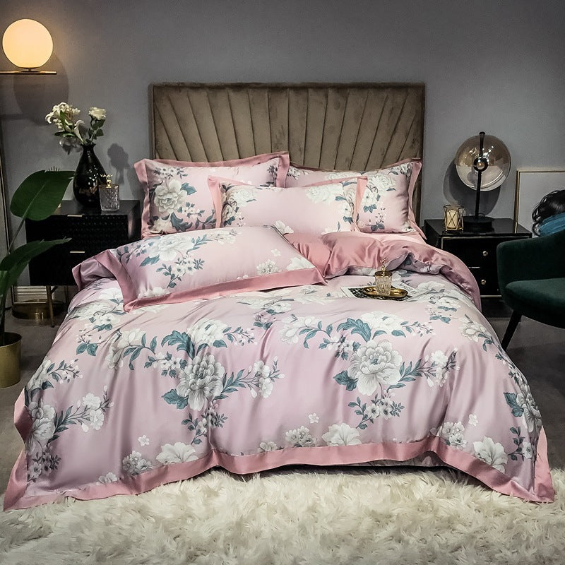 Double Sided Silk Printed Bed Set Of Four Pieces With Ice Silk