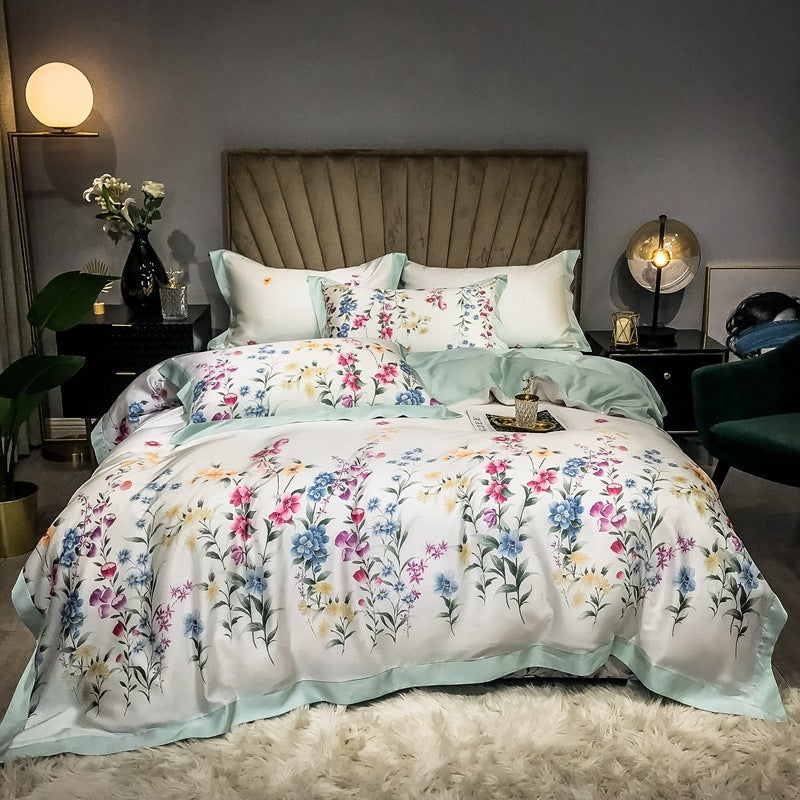 Double Sided Silk Printed Bed Set Of Four Pieces With Ice Silk