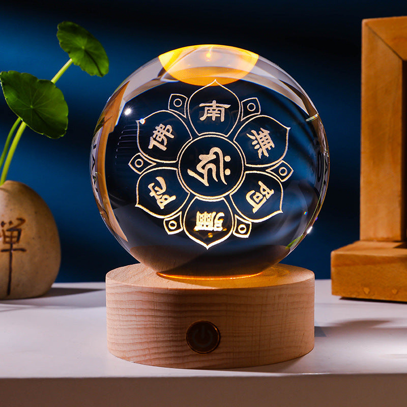 Luminous Crystal Ball HD Carved Solid Wood Base Temple Binding Home Decoration