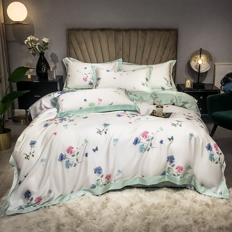 Double Sided Silk Printed Bed Set Of Four Pieces With Ice Silk