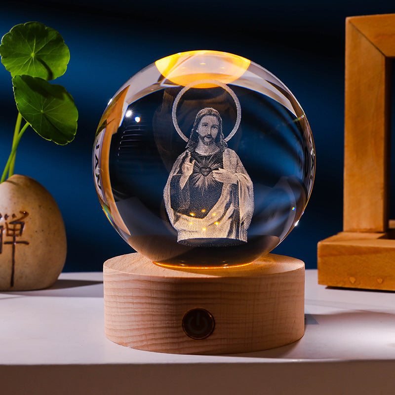 Luminous Crystal Ball HD Carved Solid Wood Base Temple Binding Home Decoration