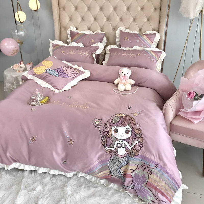 Mermaid Cotton Four-piece Naked Sleeping Embroidery Single Bedding