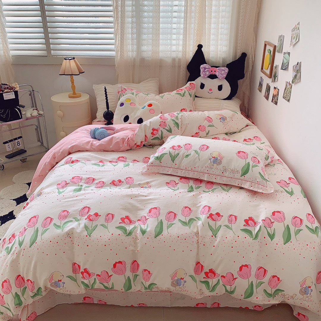 Home Fashion Simple Printing Cotton Bed Four-piece Set