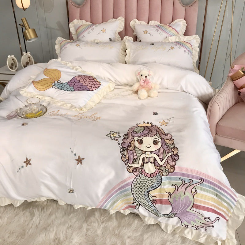 Mermaid Cotton Four-piece Naked Sleeping Embroidery Single Bedding