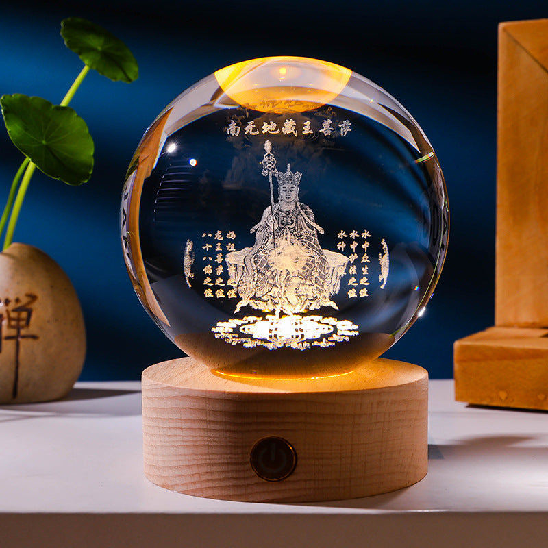 Luminous Crystal Ball HD Carved Solid Wood Base Temple Binding Home Decoration