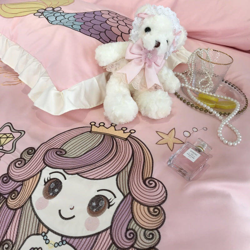 Mermaid Cotton Four-piece Naked Sleeping Embroidery Single Bedding