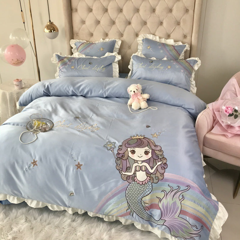 Mermaid Cotton Four-piece Naked Sleeping Embroidery Single Bedding