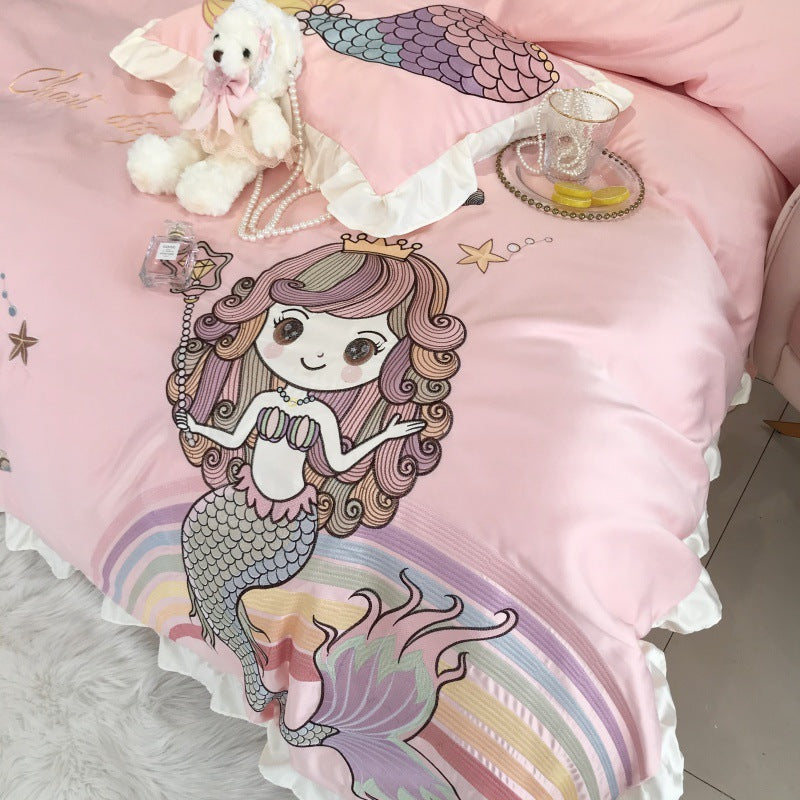 Mermaid Cotton Four-piece Naked Sleeping Embroidery Single Bedding