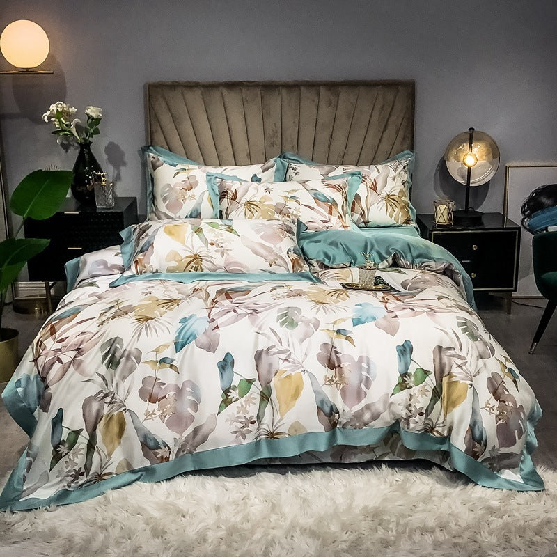 Double Sided Silk Printed Bed Set Of Four Pieces With Ice Silk