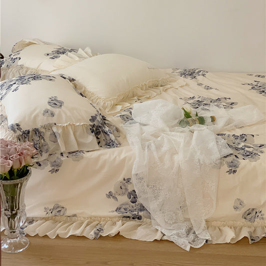 French Ink Printing 40 Cotton Four-piece Suit Girl Heart Lotus Leaf Lace Quilt Cover Pure Cotton Bed Linen